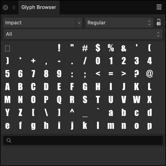 Glyph Browser panel