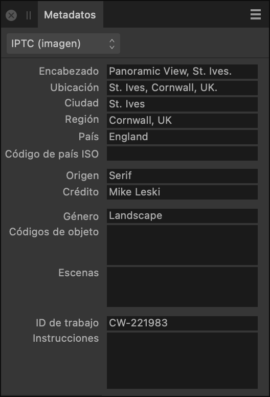 Panel Metadatos que muestra los campos IPTC que describen el contenido de la imagen, la fuente y el crédito