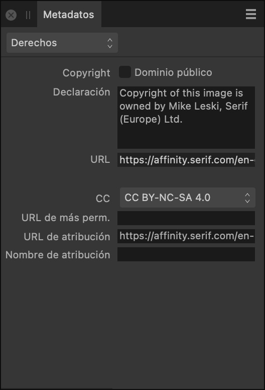 Panel Metadatos que muestra información de derechos sobre una imagen