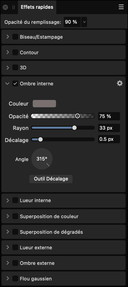 Sous-fenêtre Effets rapides