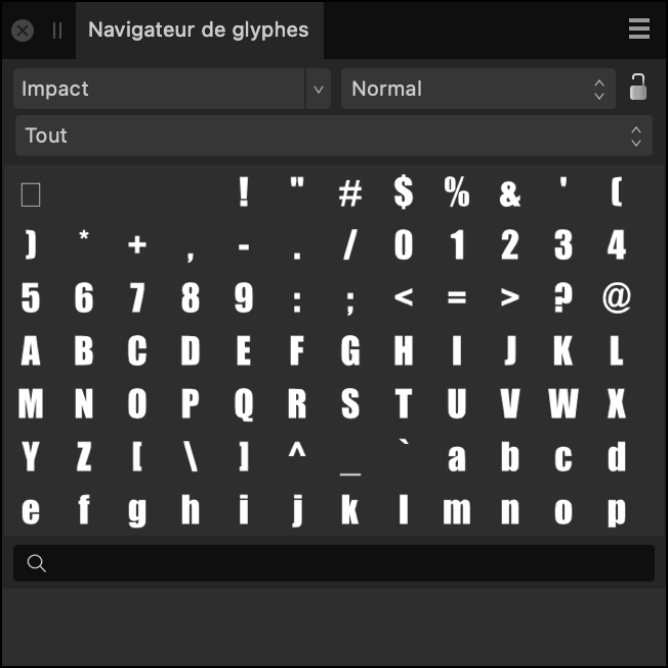 Sous-fenêtre Navigateur de glyphes