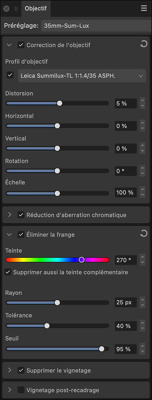 Sous-fenêtre Objectif