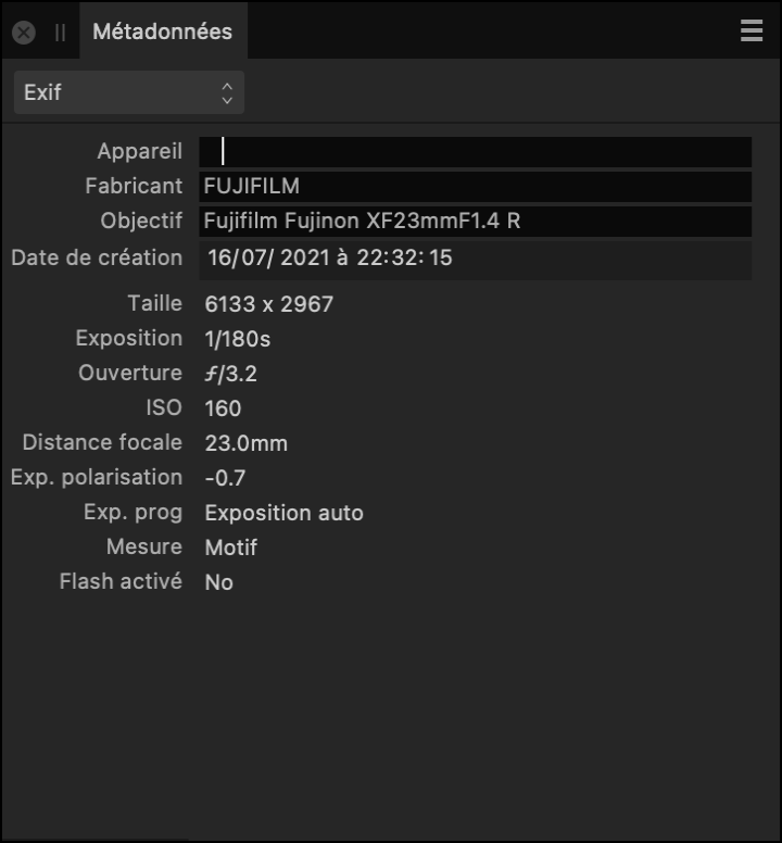 Sous-fenêtre Métadonnées affichant les champs Exif décrivant le matériel et les paramètres de la caméra lors de la prise de vue d’une image