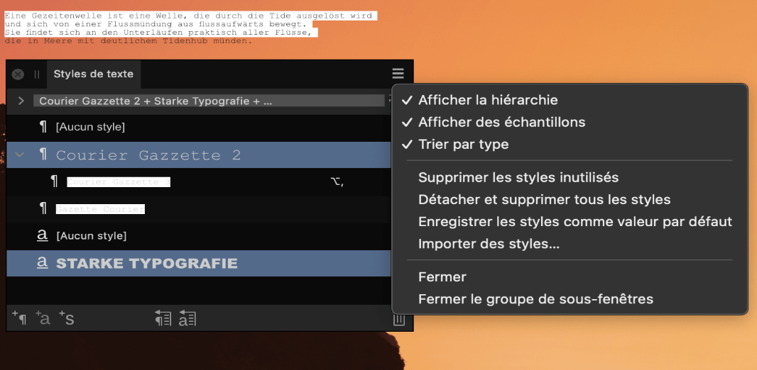 Sous-fenêtre Styles de texte