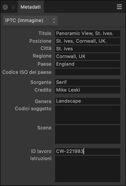 Pannello dei metadati con i campi IPTC che descrivono il contenuto, l’origine e i crediti dell’immagine