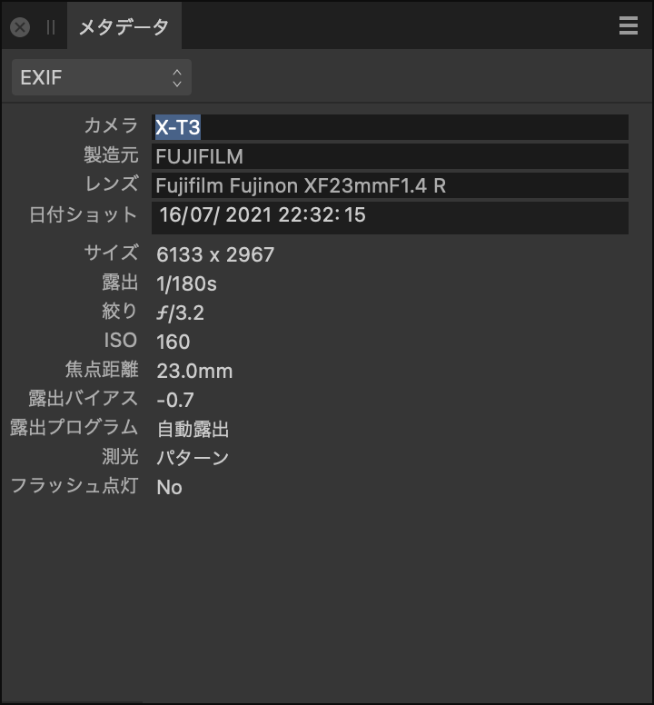 画像が撮影されたときのカメラのハードウェアと設定を説明するEXIFフィールドを示すメタデータパネル