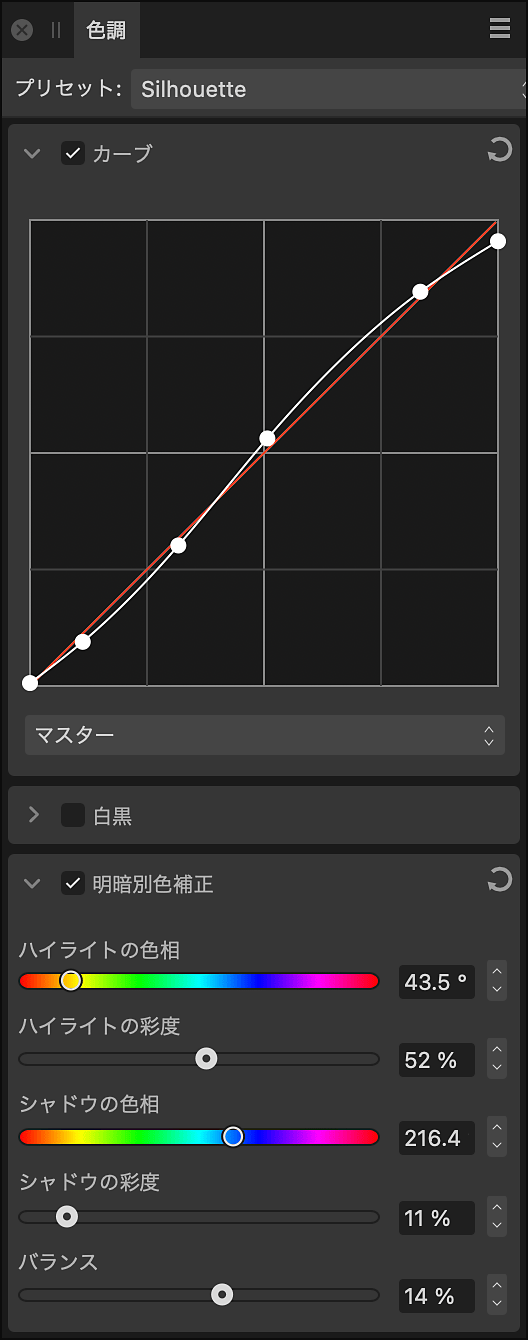 現像ペルソナの色調パネル。