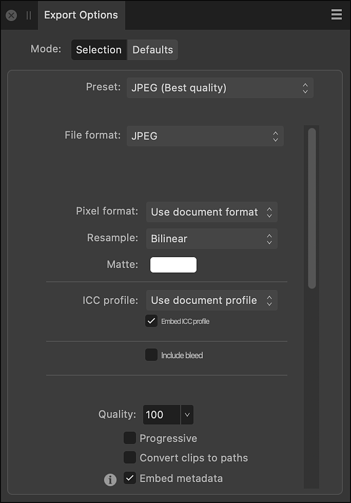 Export Options panel in Export Persona