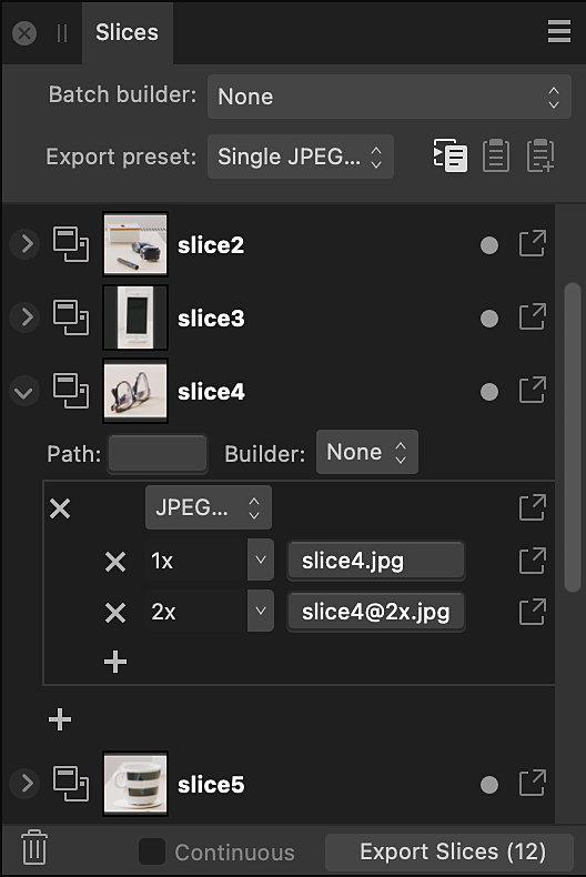 Slices panel in Export Persona