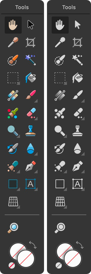 Colourised and monochromatic UI icons