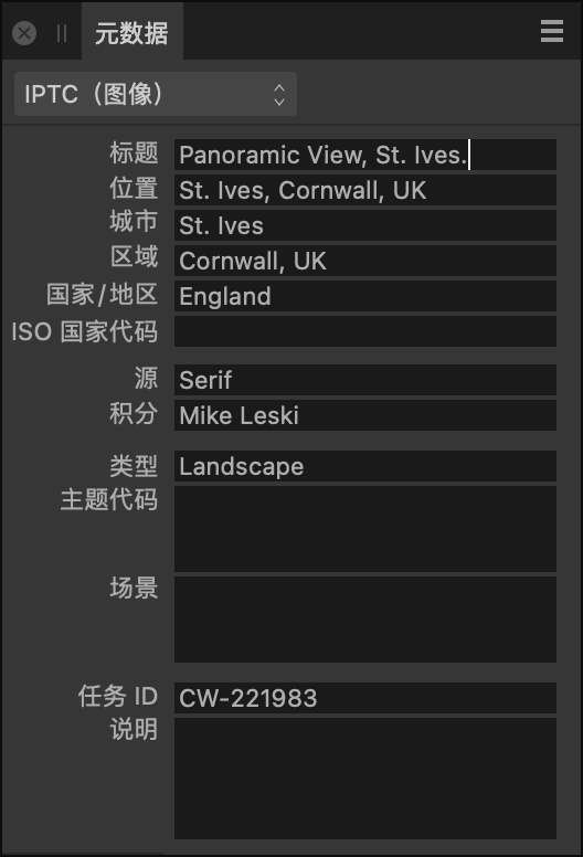 “元数据”面板显示 IPTC 字段，描述图像内容、来源和摄制人员