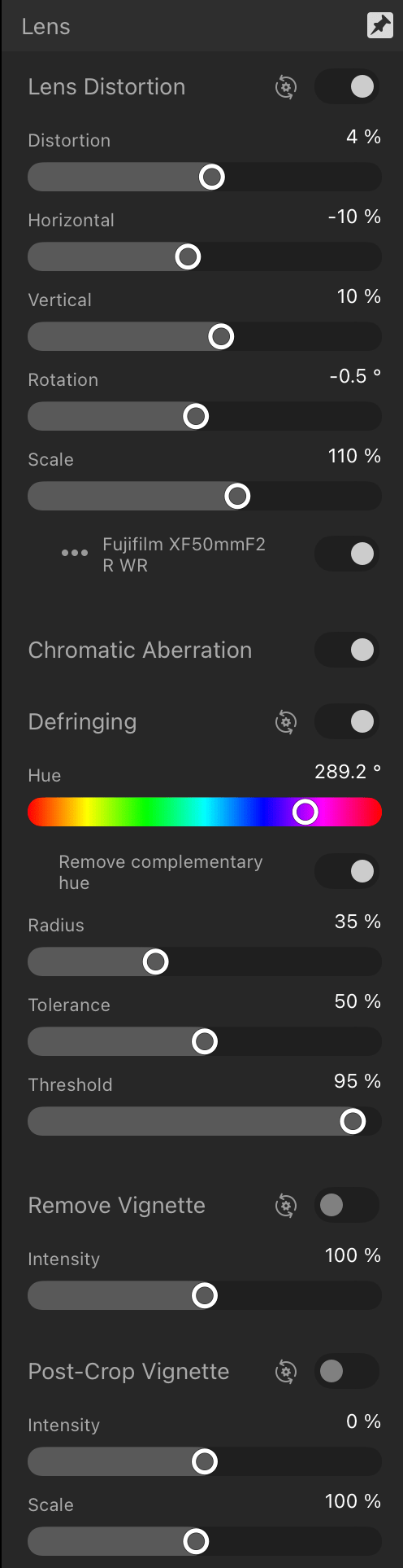 Lens panel (Develop Persona)