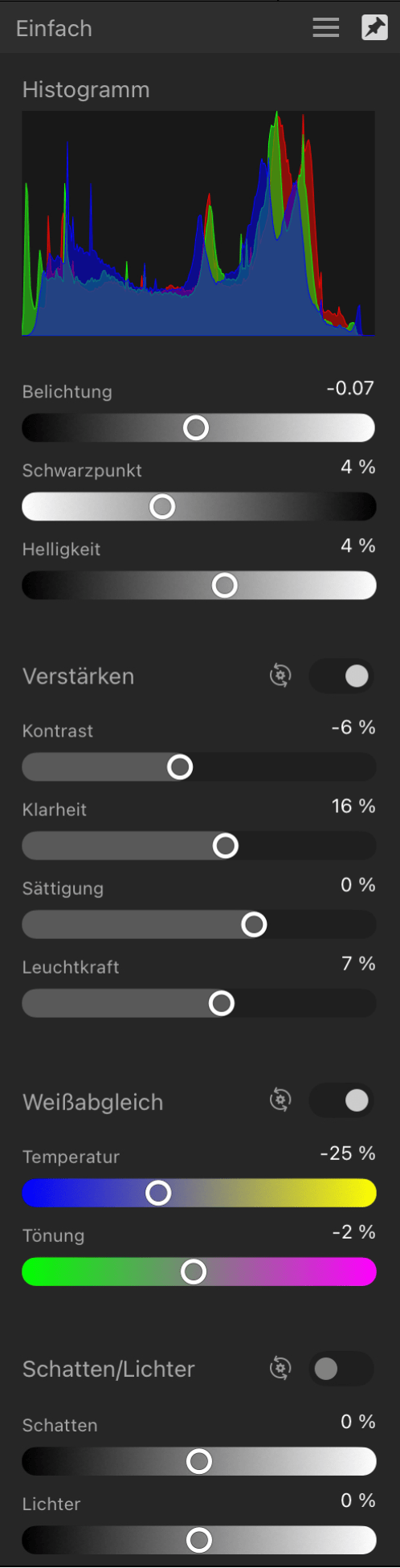 Das Panel "Einfach" (nur für die Develop Persona)