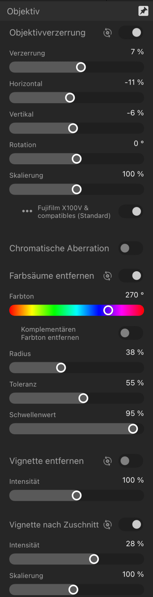 Das Panel "Objektiv" (nur für die Develop Persona)