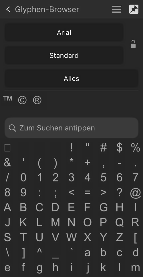 Erweiterter Abschnitt für den Glyphen-Browser