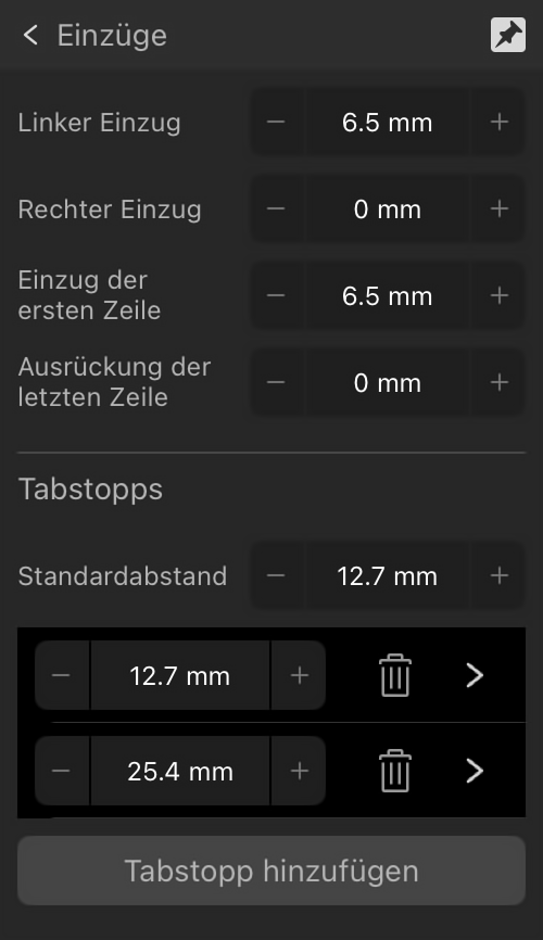 Erweiterter Abschnitt für Einzüge und Tabstopps
