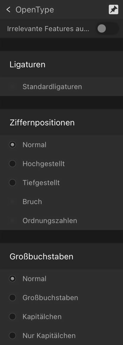 Erweiterter Unterabschnitt für OpenType-Features