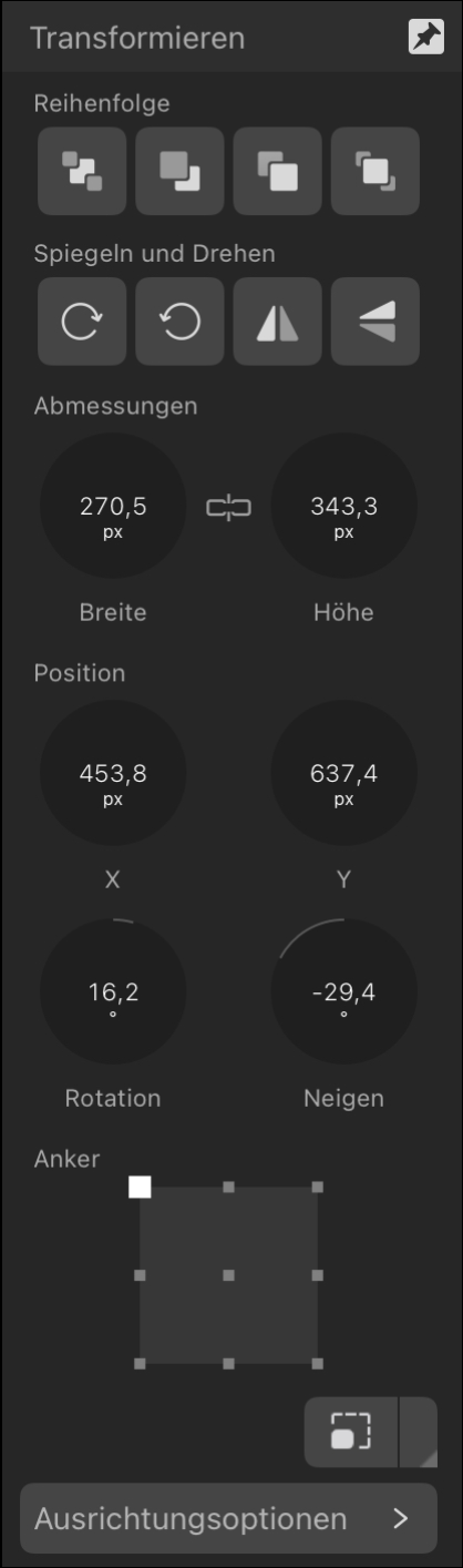 Das Panel "Transformieren"