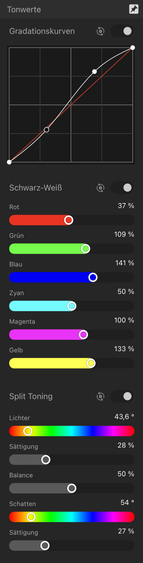 Das Panel "Tonwerte" (nur für die Develop Persona)