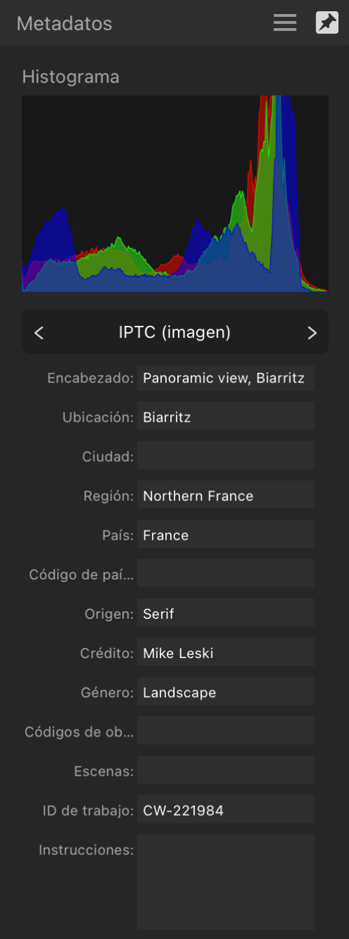 Panel Metadatos que muestra los campos IPTC que describen el contenido de la imagen, la fuente y el crédito