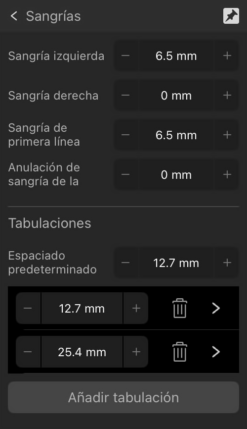 Sección de sangrías y tabulaciones ampliadas