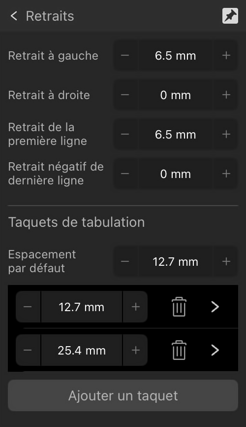 Section Retraits et taquets de tabulation développée