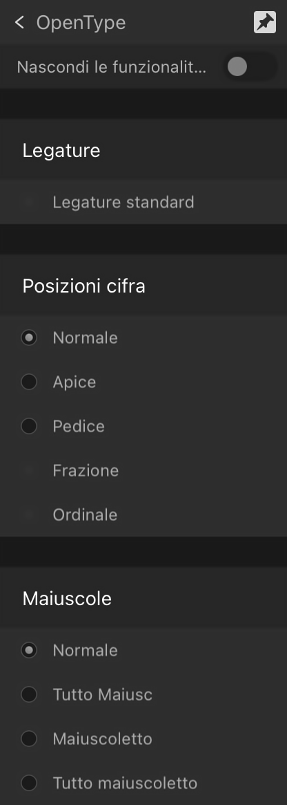 Sottosezione OpenType espansa