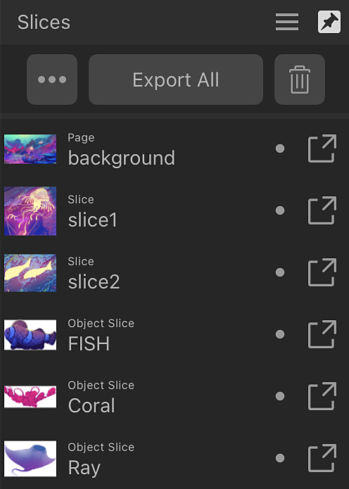 Slices panel in Export Persona