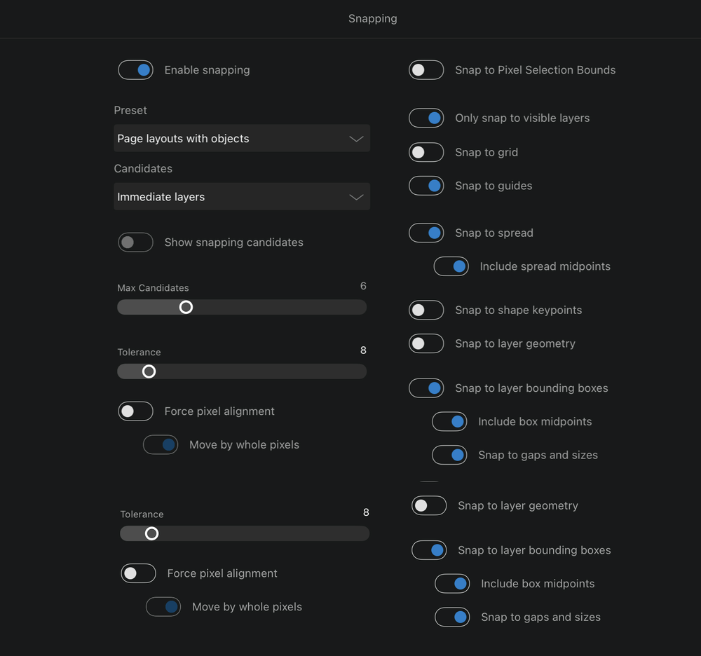 Snapping options