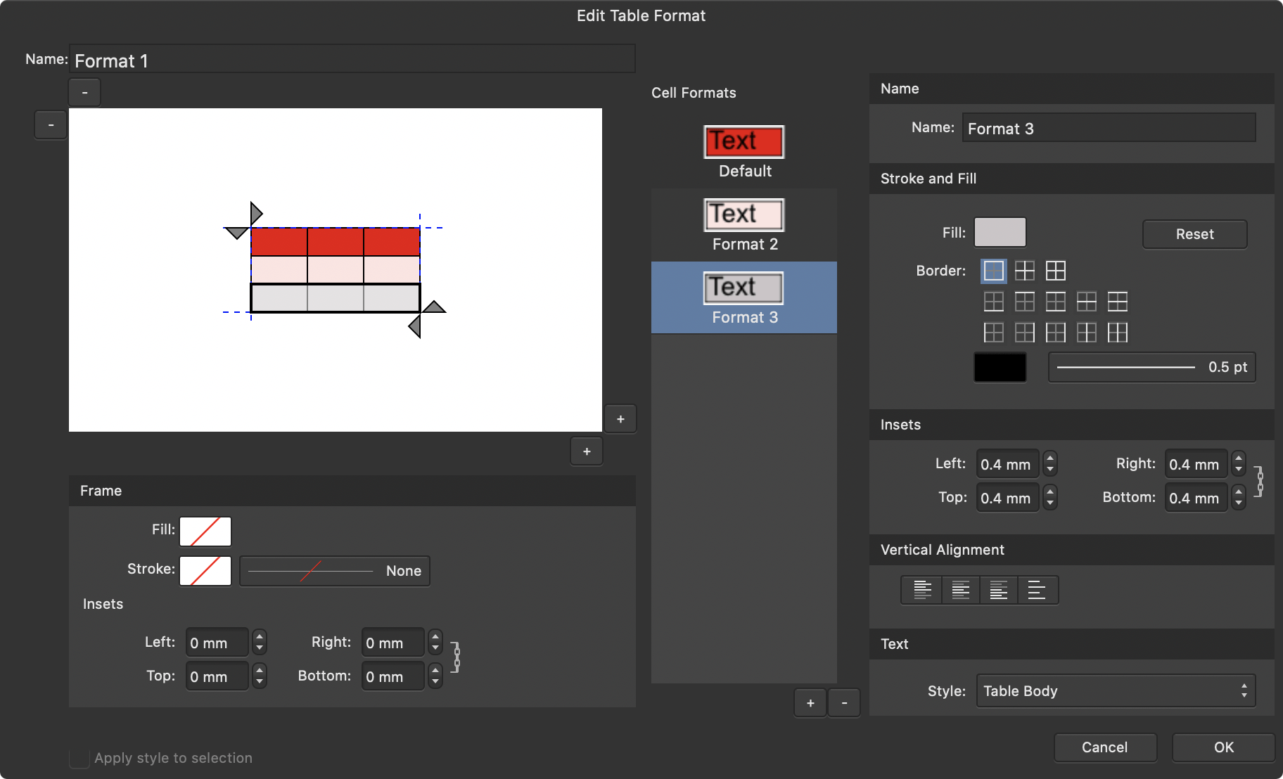 Edit table format