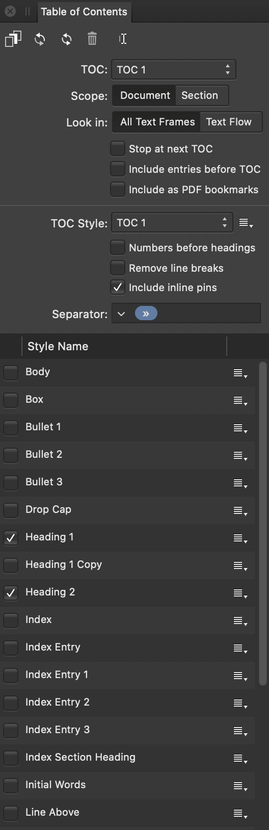 Table of Contents panel