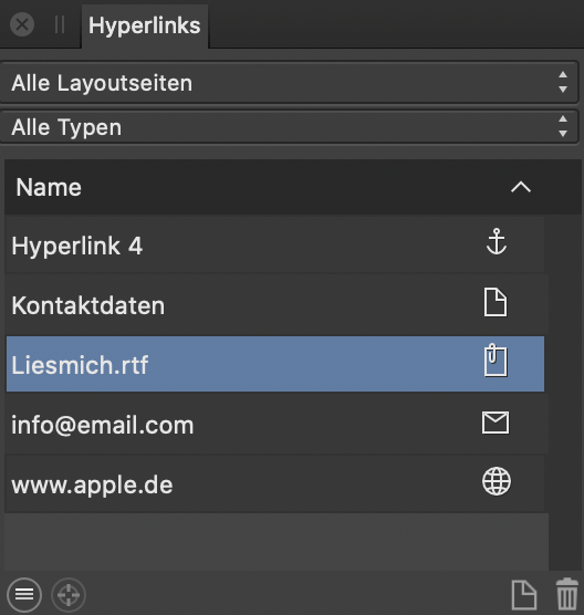 Das Panel "Hyperlinks"