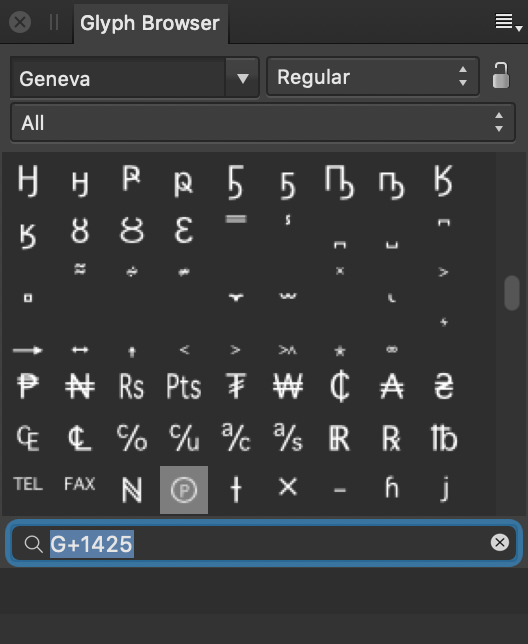 Glyph Browser panel