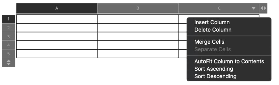 Contextual options for a table column