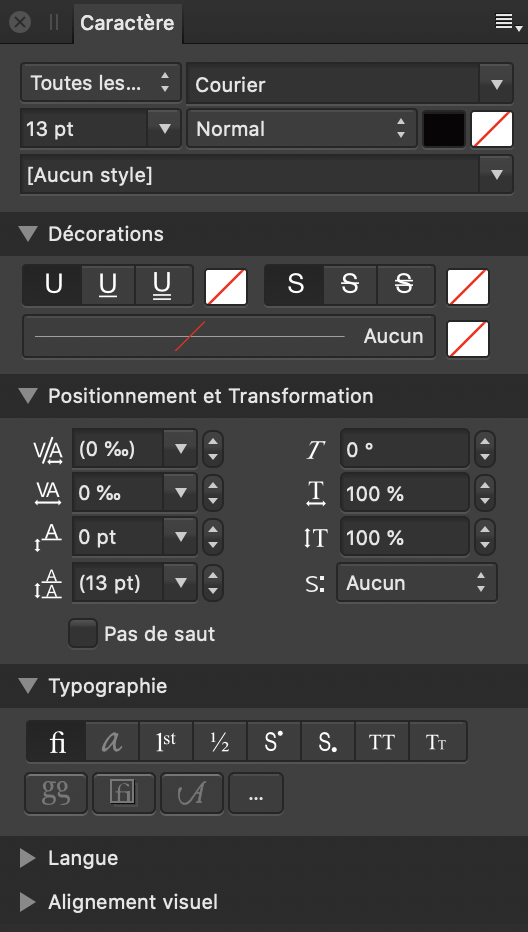 Sous-fenêtre Caractère