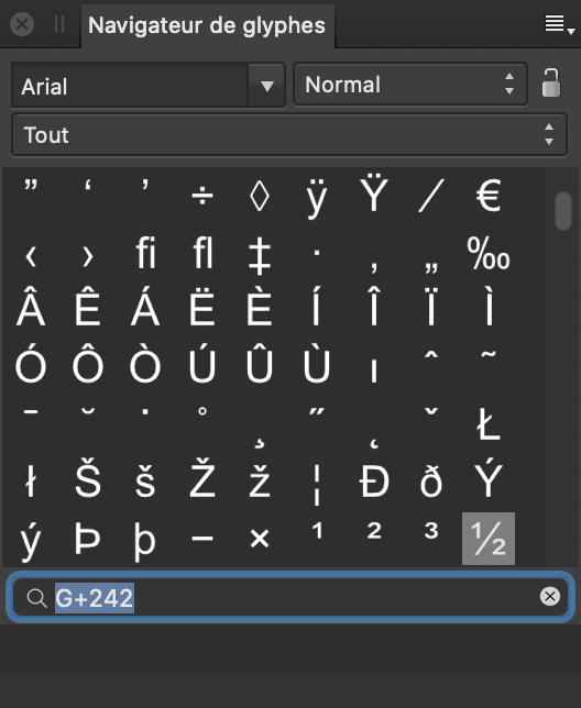 Sous-fenêtre Navigateur de glyphes