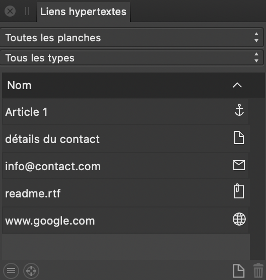 Sous-fenêtre Liens hypertextes