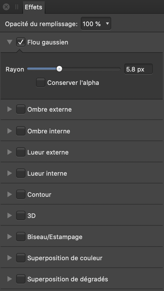 Sous-fenêtre Effets