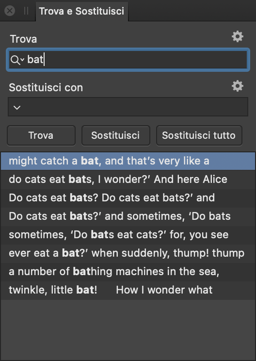 Pannello Trova e sostituisci