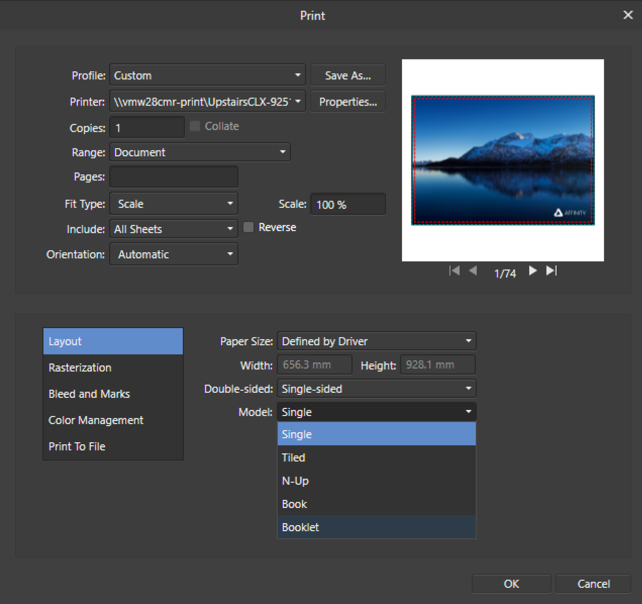 打印对话框显示布局选项