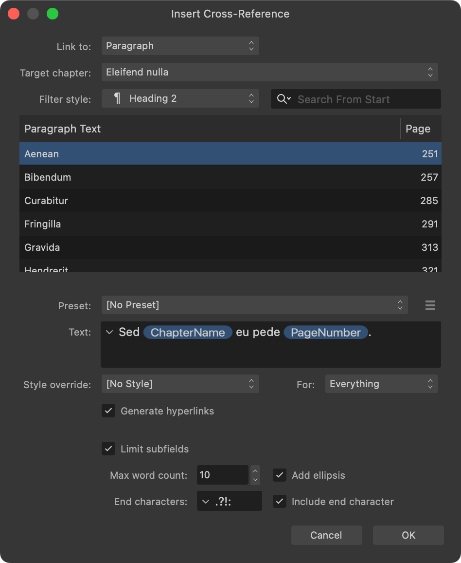 Formatting options on the Insert Cross-Reference dialog