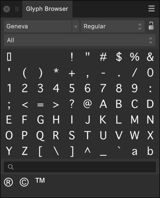 Glyph Browser panel