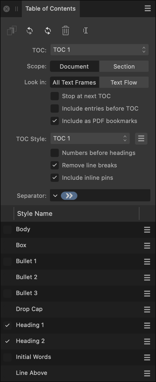 Table of Contents panel