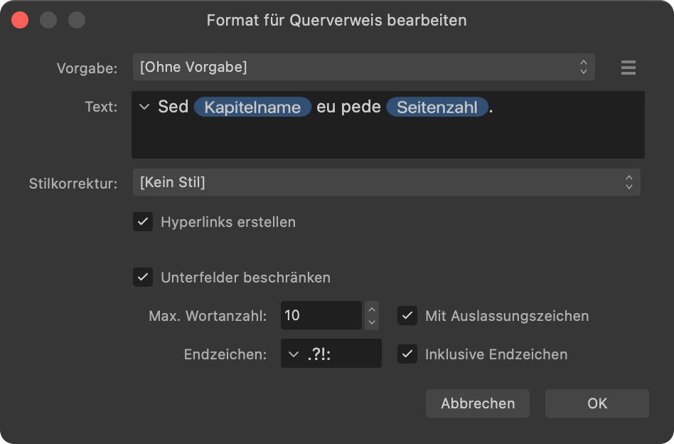 Das Dialogfeld für die Bearbeitung des Querverweisformats