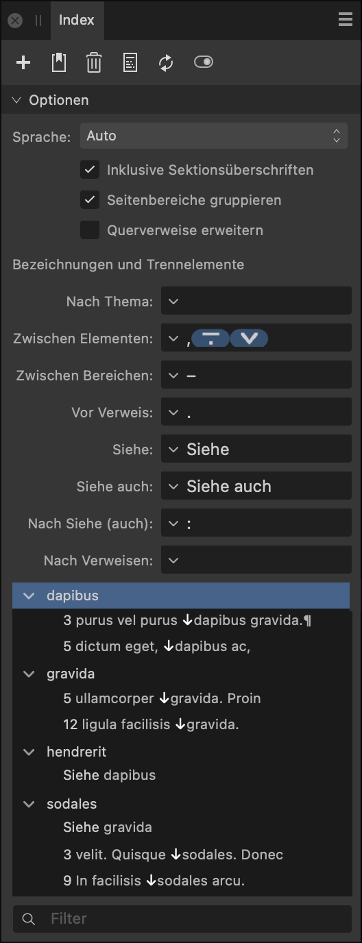 Das Panel "Index"