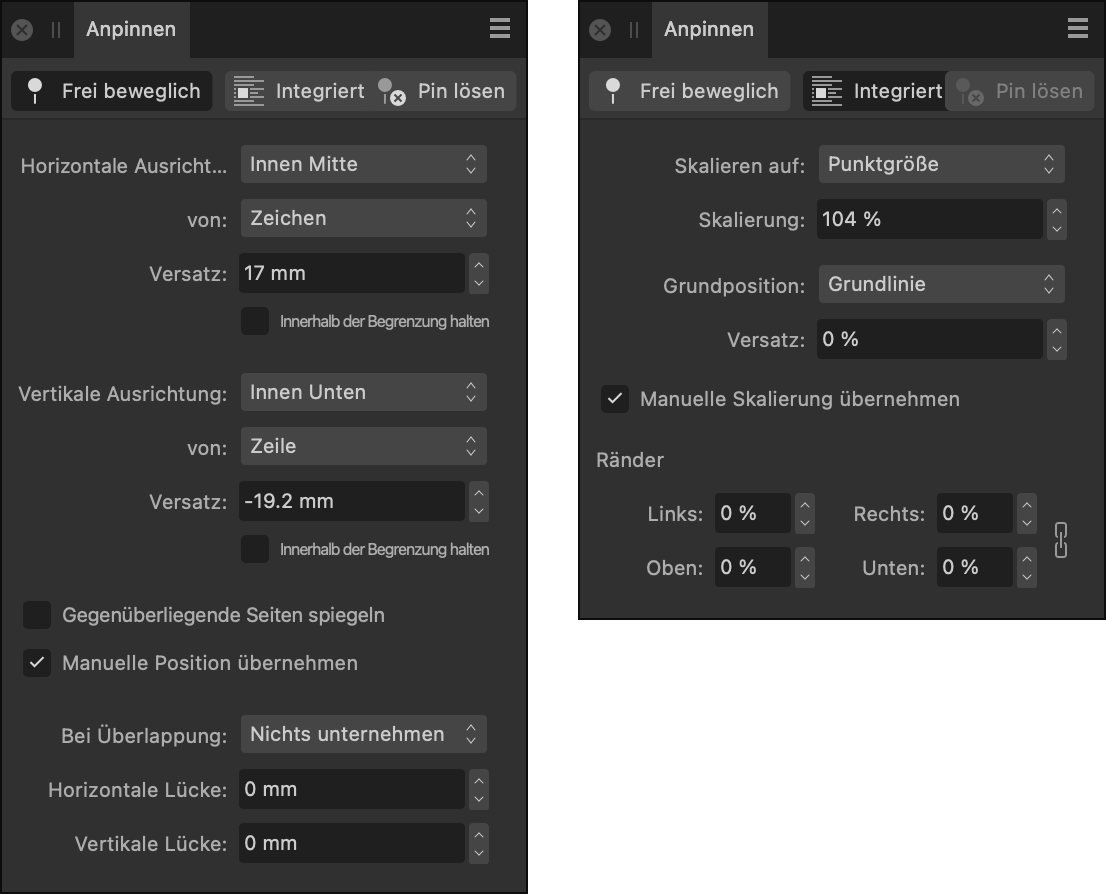 Das Panel "Anpinnen"