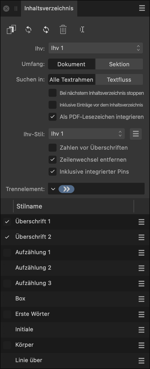 Das Panel "Inhaltsverzeichnis"