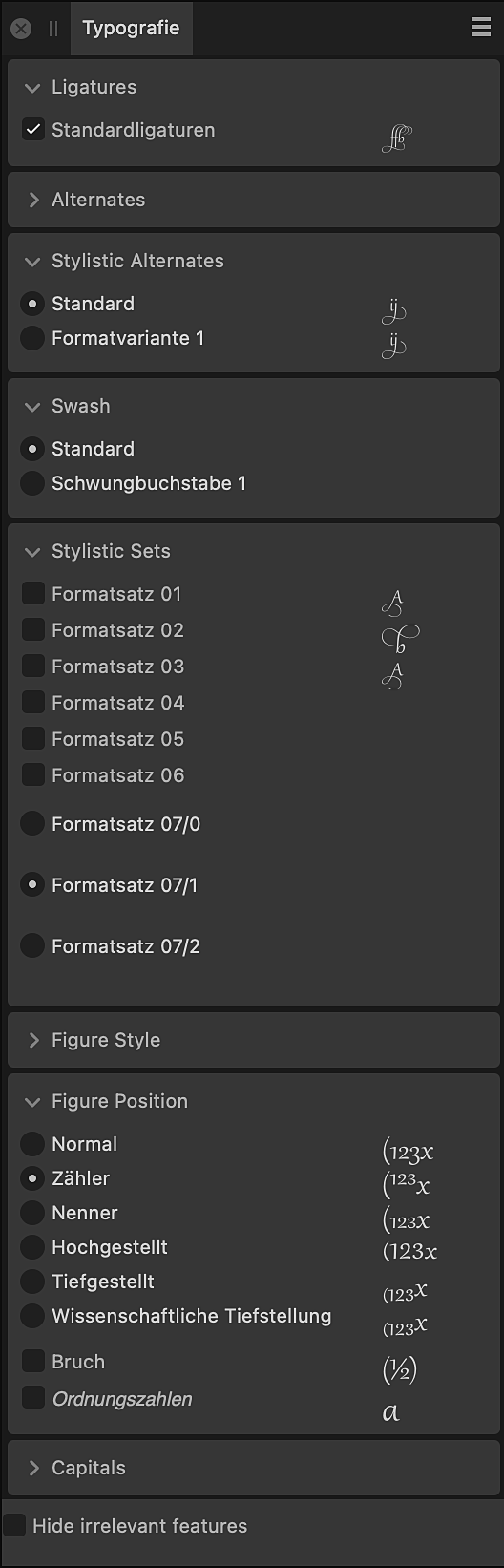 Das Panel für Typografie