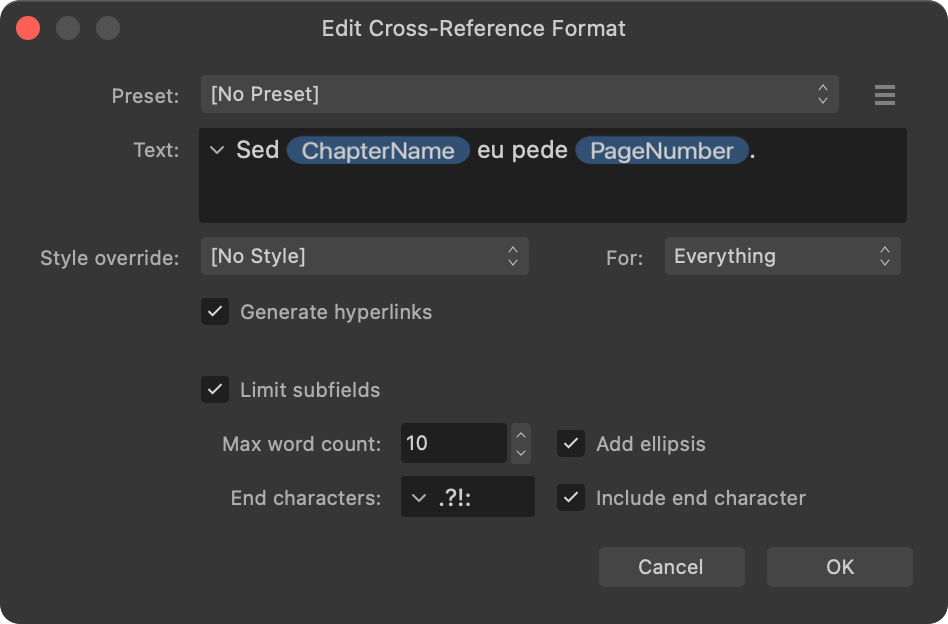 Edit Cross-Reference Format dialog