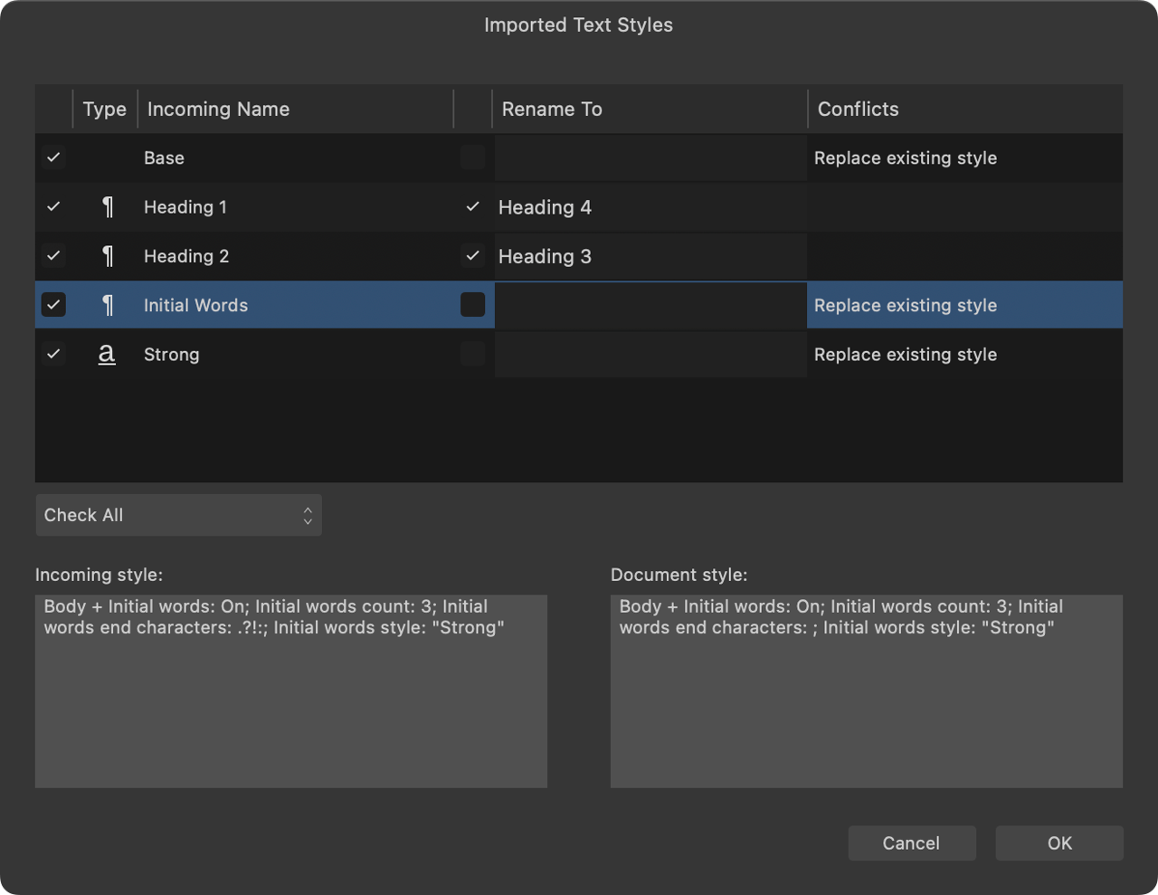 Imported Text styles dialog